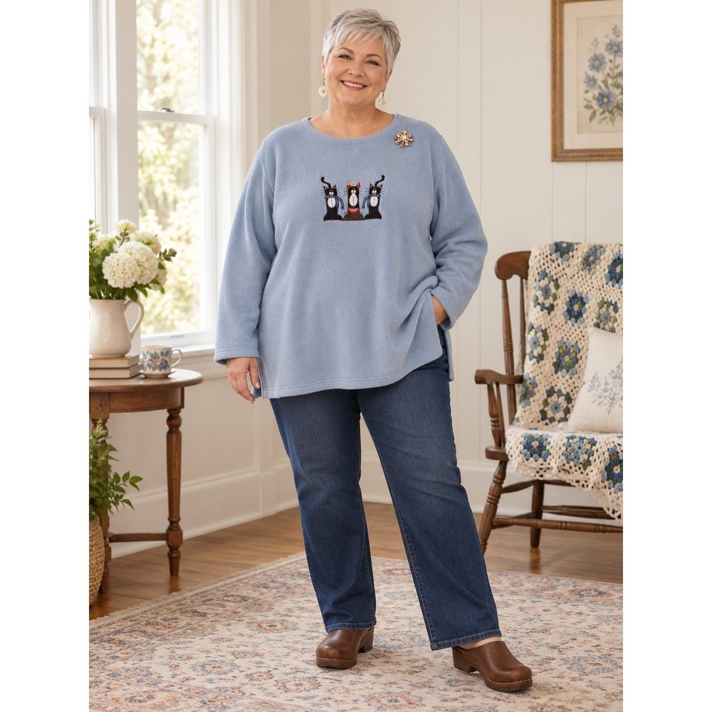 Grandmacore Cat Lady 90s Mom Light Blue Fleece Embroidery Winter 3X Sweatshirt
